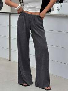Pantalones anchos de pierna negros con diseño de estampado de leopardo retro elegante, pantalones rectos con cintura elástica con cordón, uso casual, vuelta al colegio - Negro - Ver 5