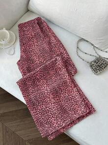 Pantalones anchos de pierna negros con diseño de estampado de leopardo retro elegante, pantalones rectos con cintura elástica con cordón, uso casual, vuelta al colegio - Rosa Fucsia - Ver 2