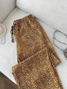 Pantalones anchos de pierna negros con diseño de estampado de leopardo retro elegante, pantalones rectos con cintura elástica con cordón, uso casual, vuelta al colegio - Naranja - Ver 7