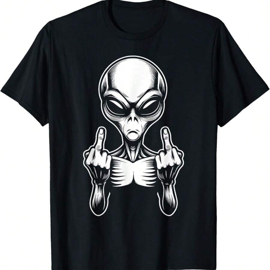 Alien Middles Fingers Pointing Sarcastic Adult Humor Fuk You T-Shirt - 黑色 - 查看 1