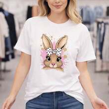 Women's Plus Size Cotton T-Shirt, M-5XL, Black Short Sleeve T-Shirt With Rabbit Print, Polka Dot Bow Design, Casual Loose Fit, Soft And Breathable Fabric, Fashionable Summer Top For Everyday Wear, Easter Gift Idea, Comfortable Oversized T-Shirt - 白色 - 查看 8