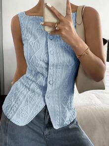 Camisa casual sin mangas de mujer con textura geométrica y abotonadura sencilla, con tela con textura geométrica y microfibra elástica, top ajustado para mujer, elegante y de moda para ir al trabajo, top camiseta casual y sencilla para todos los días, primavera/verano, top sin mangas, blusas de estilo antiguo, ropa occidental para mujer - Azul - Ver 7