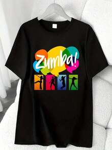 Camiseta de Algodón Estampada "Zumba Pop Art" Casual y a la Moda para Mujer - Negro - Ver 6