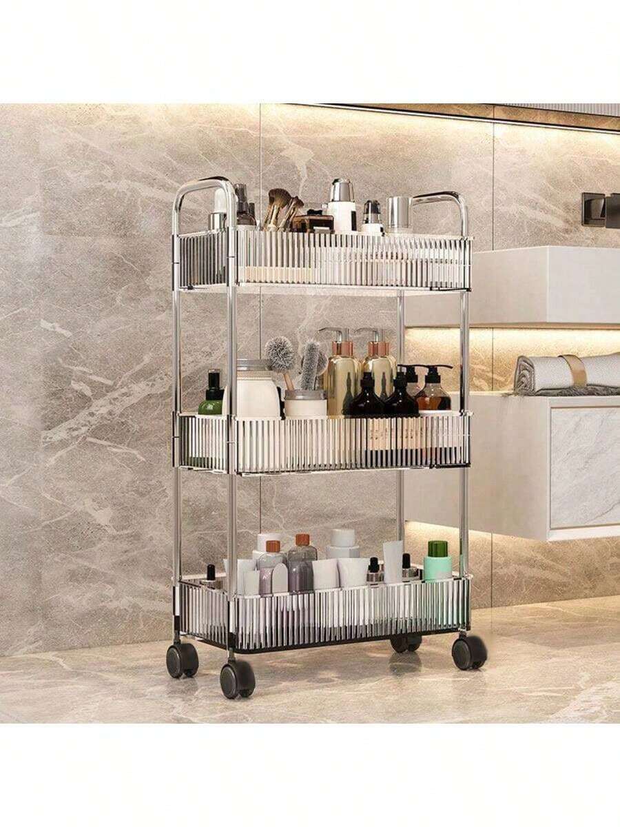 1pc Transparent Movable Makeup Storage Cart, Large Capacity Multi-Function Bathroom Supplies Display Rack, Bathroom Accessories Storage Rack, Makeup Organizer Rolling Cart, Mobile Shelving Unit, Suitable For Office, Bathroom, Kitchen And Living Room - Clear - View 1