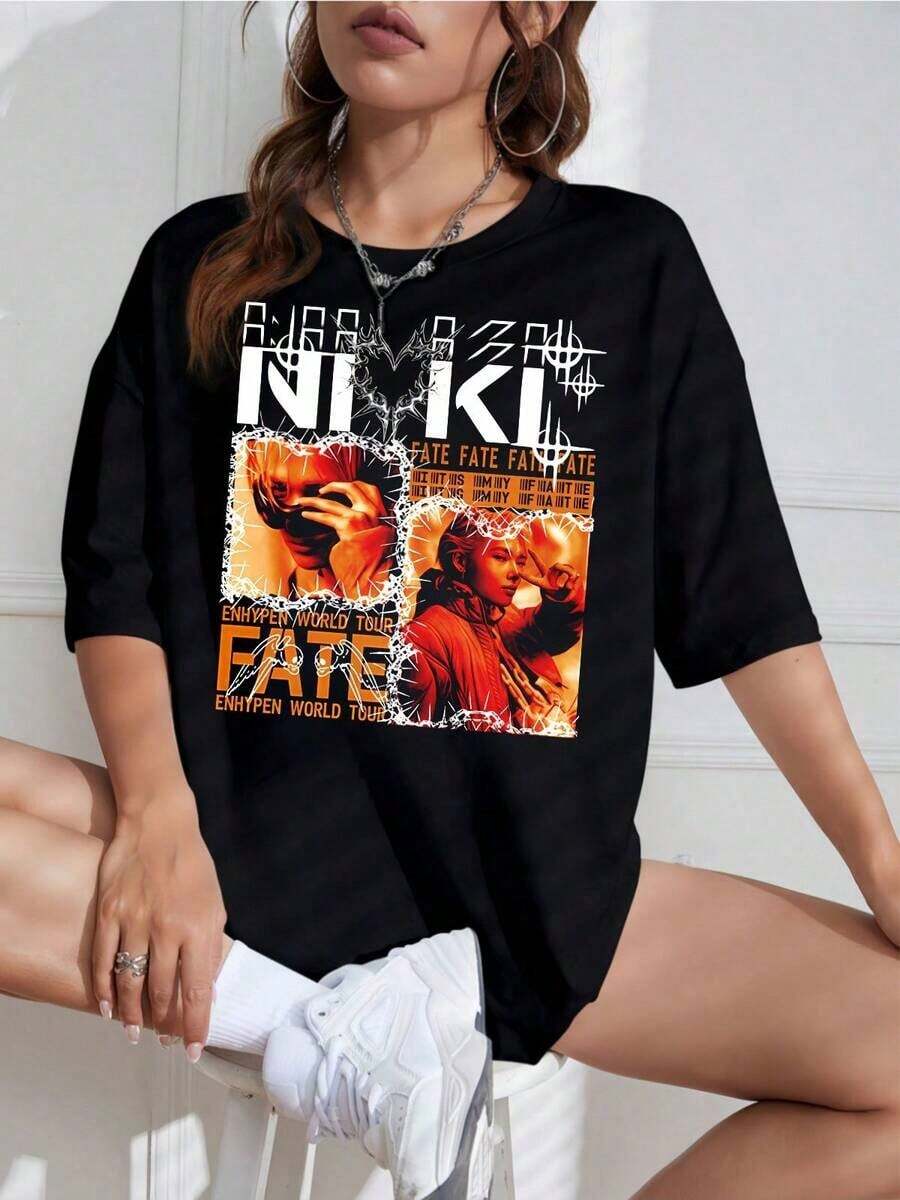 Unisex T-Shirt With K-Pop Group Print, Round Neck, Short Sleeve, Casual Design, Ideal For Fans - 黑色 - 查看 1
