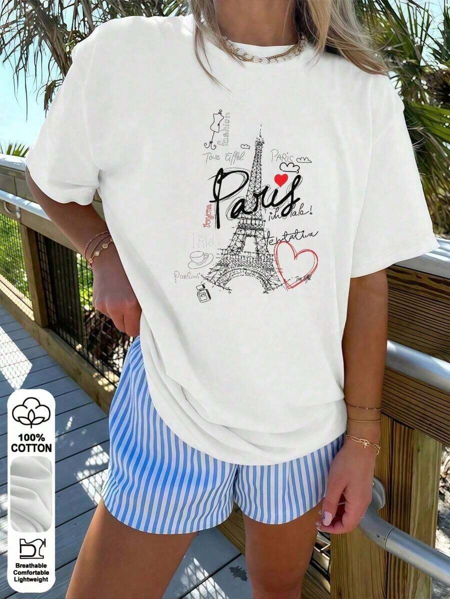 Women's T-Shirt With Nature Print, Round Neck, Short Sleeve, Oversized Design, Ideal For Summer - 黑色 - 查看 1