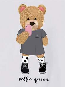 T-Shirt With Cartoon Bear Print And Letter - 白色 - 查看 4