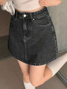 Falda vaquera casual de unicolor con bolsillos para mujer - Gris Oscuro - Ver 5
