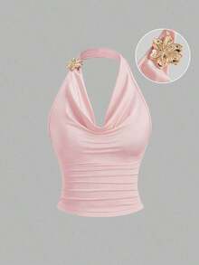 Sweetro Top sin mangas con cuello de volantes y diseño de cintura ceñida, moda de verano para mujeres con inspiración vintage - Rosa 2 - Ver 7