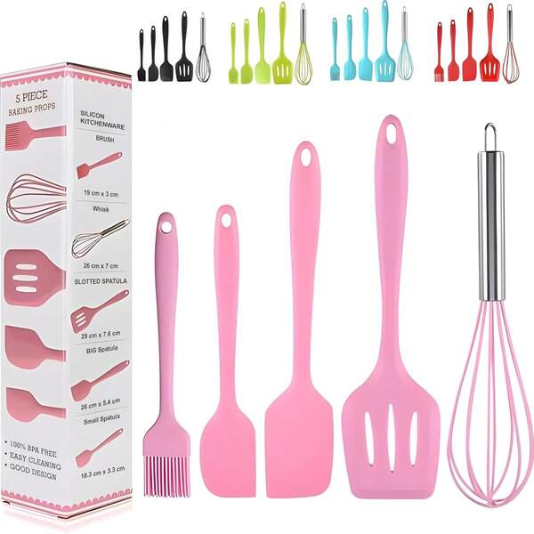 5 pièces Set de spatule et cuillère en silicone, ustensiles de cuisine en silicone, spatules et cuillères en silicone résistantes à la chaleur jusqu'à 315°C, convient pour la cuisine et la cuisson