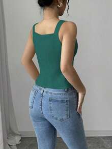 Camiseta sin mangas de un solo pecho de unicolor casual para mujer - Verde - Ver 2