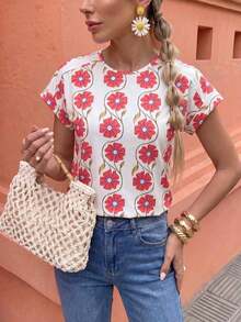 Camiseta con mangas de murciélago a rayas, informal, camisetas gráficas de verano para mujeres - Multicolor - Ver 4