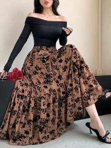 Falda casual con estampado floral, cintura elástica y volantes en el bajo, estilo bohemio - Beis - Ver 6