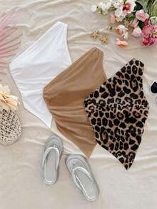 Set de 3 blusas de mujer con hombros descubiertos y bajo asimétrico en estampado de leopardo en rojo y negro, inspiradas en el estilo de vacaciones, adecuadas para el verano y la playa - Multicolor 10 - Ver 1