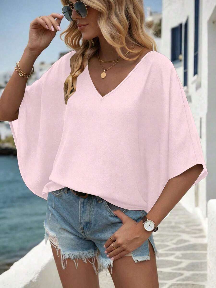 Camisa de manga de murciélago de unicolor casual, verano - Rosa Pálido - Ver 1
