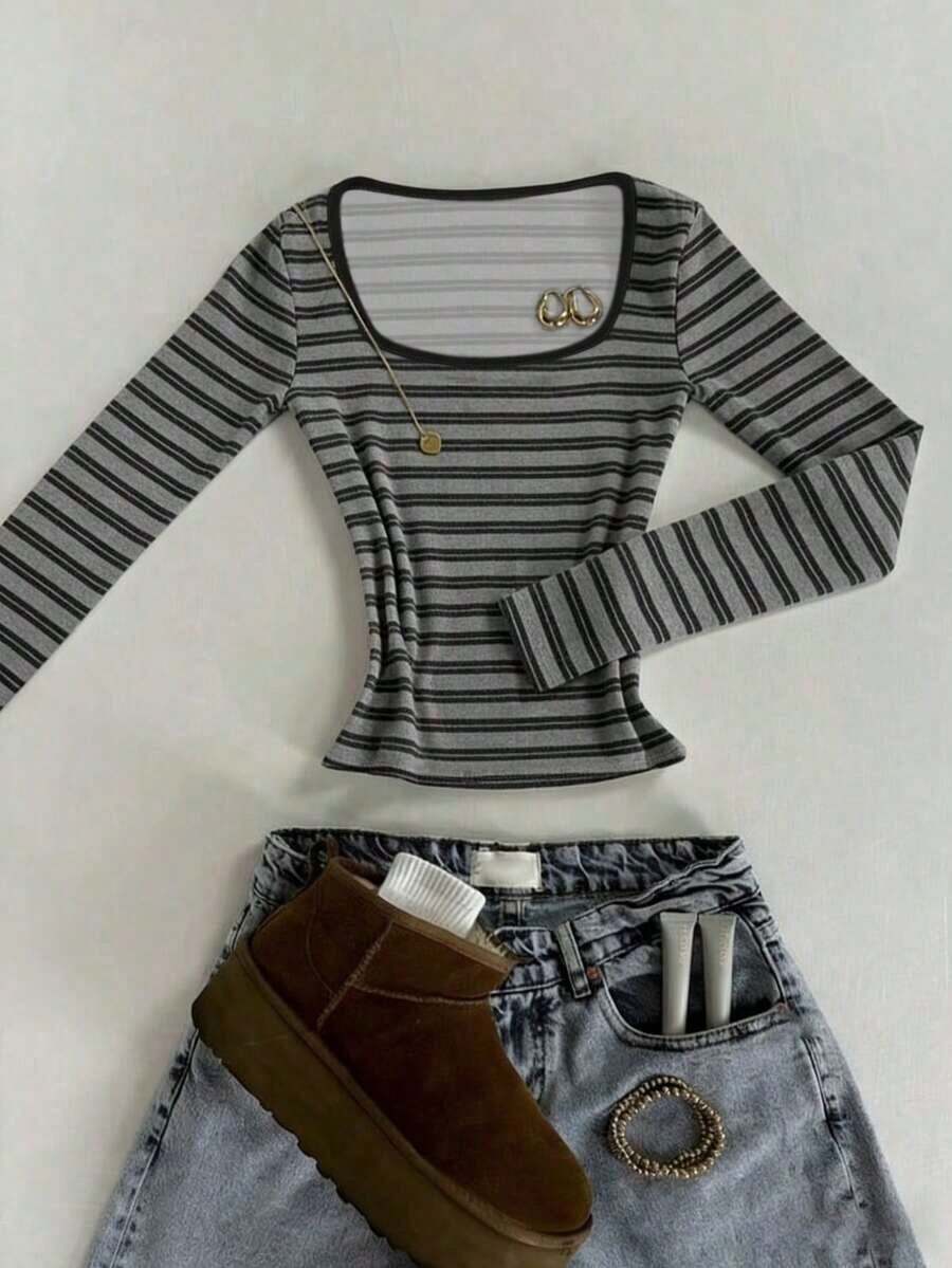Camiseta de manga larga de cuello cuadrado gris minimalista de ajuste ceñido, adecuada para primavera, verano, otoño e invierno.Camiseta de moda, regalo de estilo minimalista para hermanos, hermanas, mamá, Día de la Madre, top de moda casual. - Gris - Ver 1