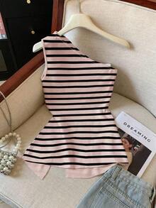 Blusa de moda sin mangas con abertura lateral de unicolor para mujer - Rosa 2 - Ver 2