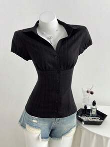 Camisa de mujer con cuello en V, cintura fruncida y manga corta, color blanco, para primavera/verano - Negro - Ver 1