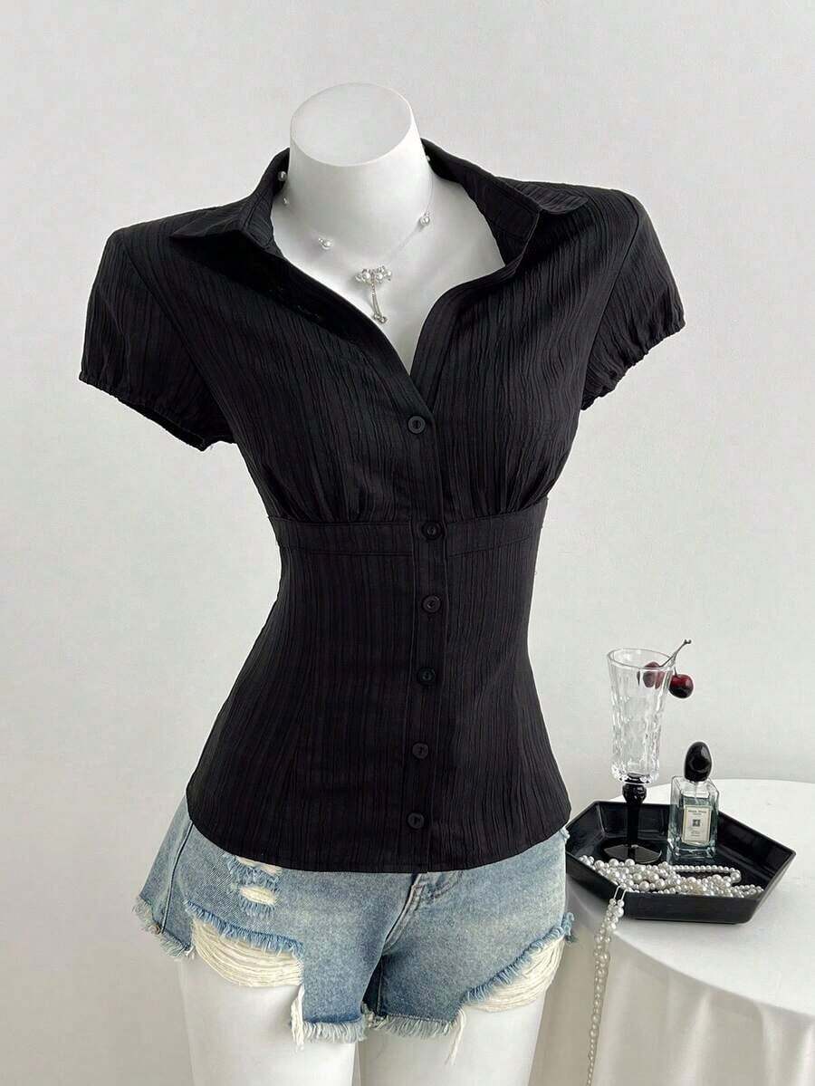 Camisa de mujer con cuello en V, cintura fruncida y manga corta, color blanco, para primavera/verano - Negro - Ver 1