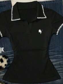 Camiseta casual de mujer con ribete de contraste y cintura fruncida, para verano - Negro - Ver 3