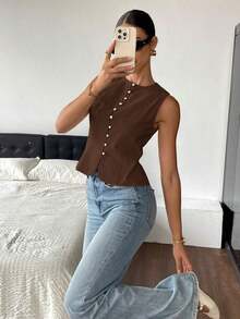 Camisas sin mangas de unicolor de tela texturizada con abotonadura, para verano - Marrón - Ver 5