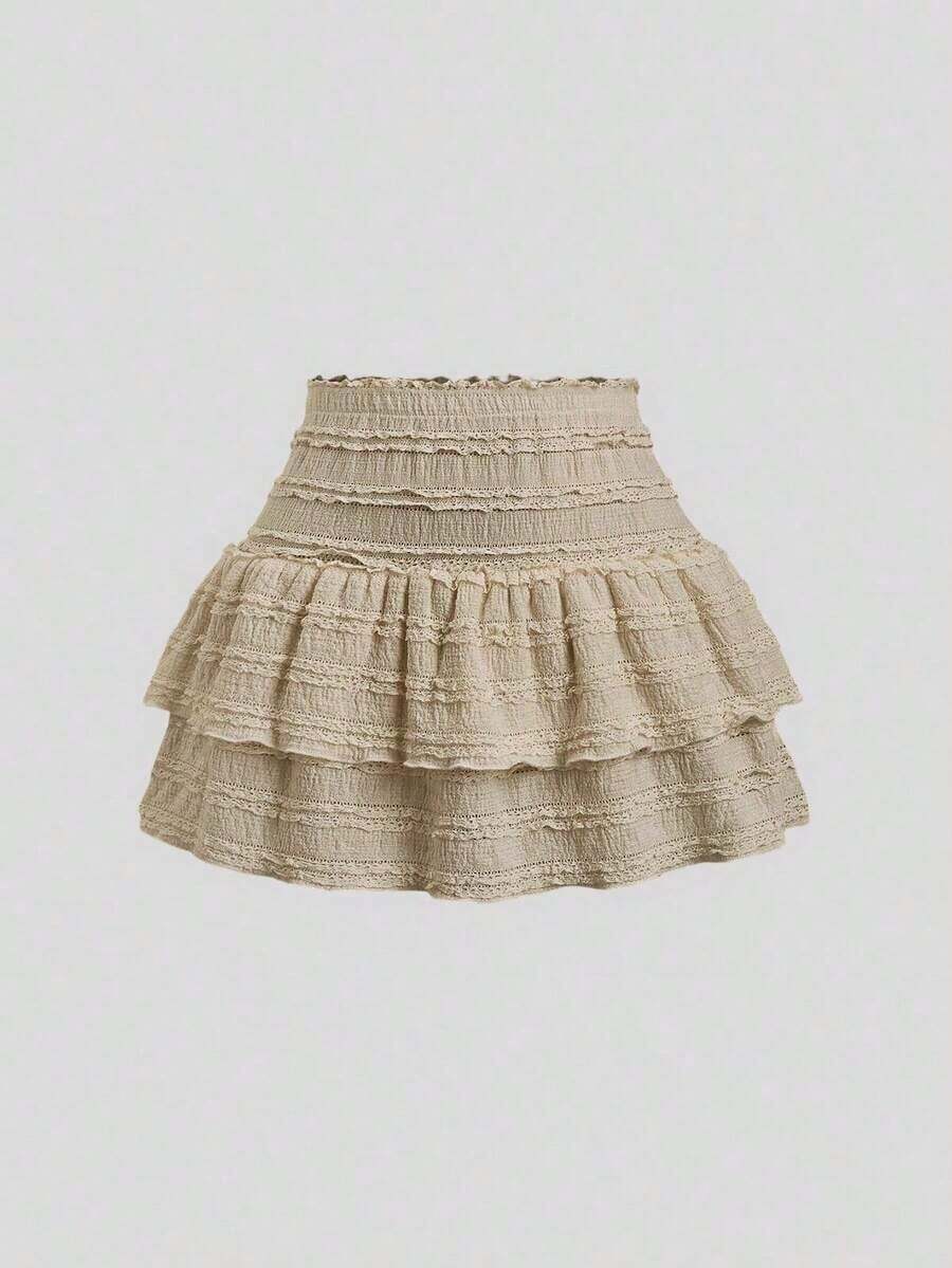 Falda mini casual y de resort Y2K con dobladillo de doble capa y ribete de volantes de unicolor - Caqui - Ver 1