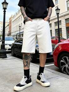 Men's Fashionable Crochet Denim Shorts - Beige - View 5