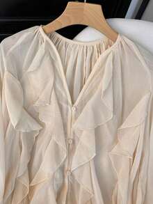 Camisa casual y elegante de mujer con mangas largas, diseño de volantes en capas y unicolor, adecuada para festivales de música/temporada de bodas, primavera/verano - Beis 2 - Ver 4