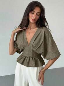 Blusa de manga de murciélago de unicolor elegante para mujer, de verano - Caqui - Ver 5