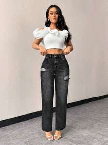 Jeans rectos de talle alto con bolsillos, ajustados y desgastados para mujer - Negro - Ver 3