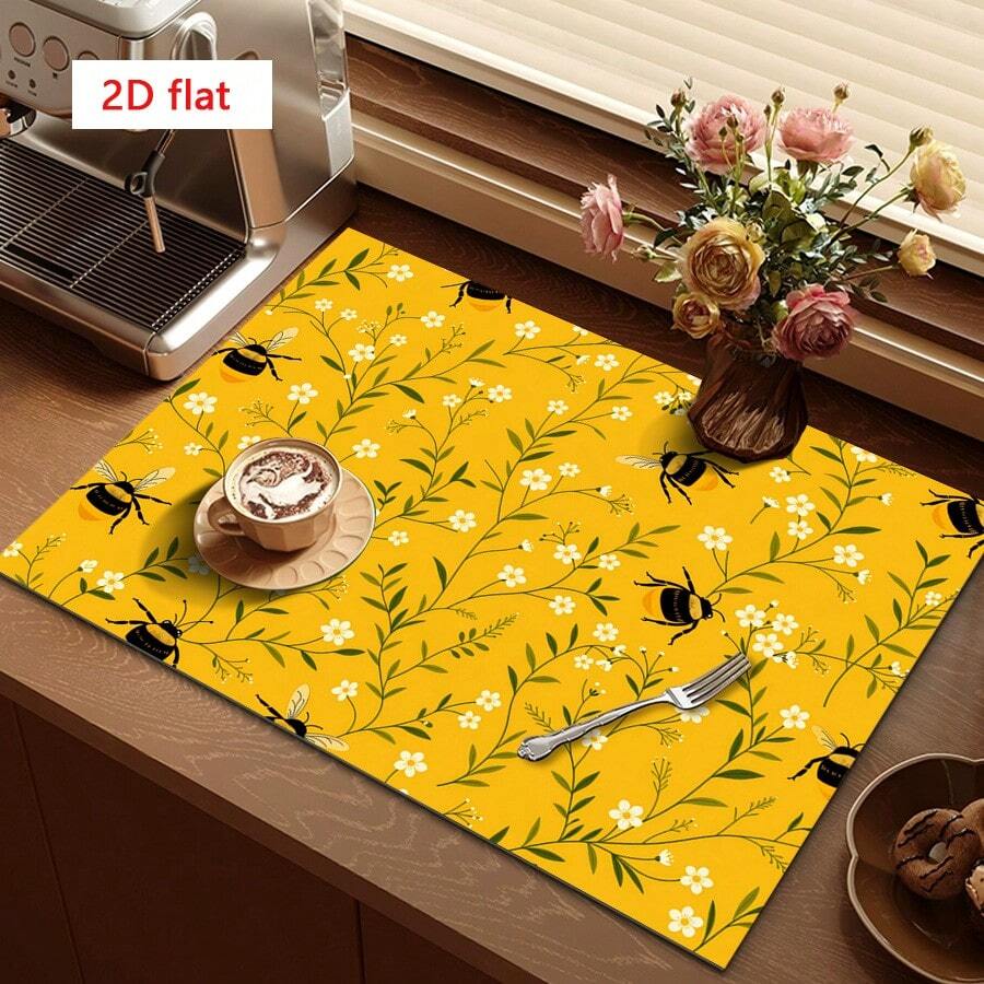 1 pieza Tapete de secado de platos, Tapete para máquina de café, Fondo amarillo con patrón de flores blancas, hojas verdes y abejas, Tapete absorbente y de drenaje, Adecuado para mesa de comedor y cafetería, Tapete de drenaje multiusos, Regalo para el hogar, Decoración de escritorio