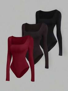 Sweetro Set de 3 bodys de manga larga para mujer en color albaricoque, marrón café y negro, de ajuste ceñido y estilo minimalista y versátil para el día a día - Multicolor 8 - Ver 9