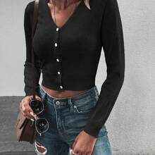 Short Button-Front Cardigan, Long Sleeve Top - Negro - Ver 6