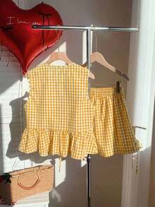 Set de 2 piezas de ropa de mujer con top tipo camiseta con cordones y shorts a cuadros, ideal para el Día de San Valentín - Amarillo - Ver 2