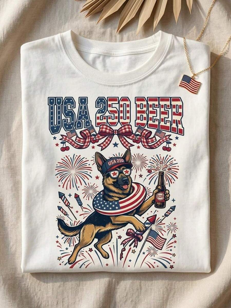 Funny US German Shepherd T-Shirt With 250 Beers For Dogs, 4th Of July, Patriotic Fireworks, American Flag, Beer Lover, Independence Day. Unisex 220g Pure Cotton T-Shirt, Ideal Weight For All Seasons, Suitable For Men And Women. Durable, High-Quality Fabric, Soft To The Touch And Long-Lasting. Breathable Top. Suitable For Women's Spring And Summer, Holidays, Mother's Day, Independence Day. - 白色 - 查看 1