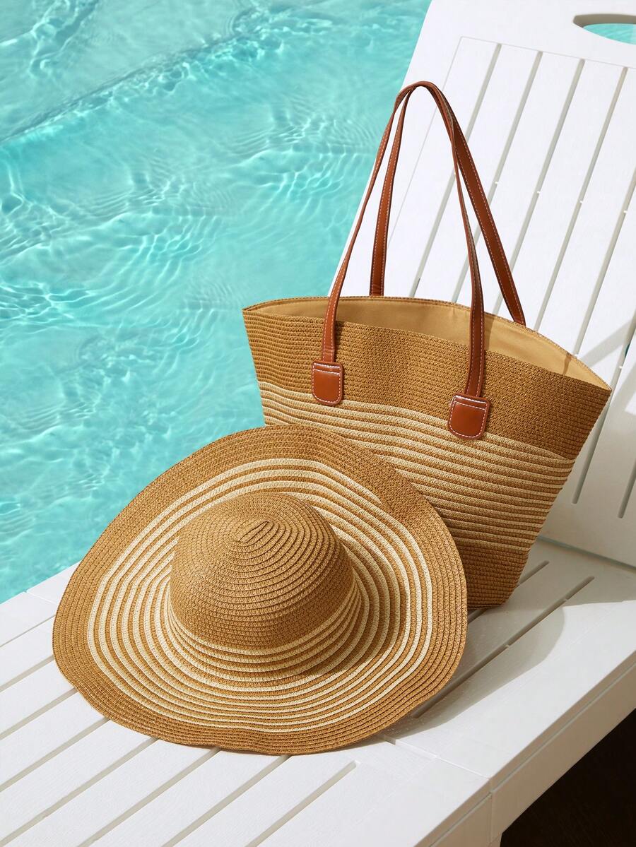 Trivaya 1 Straw Hat + 1 Bag, Vacation Casual Set - Khaki and Beige - View 1