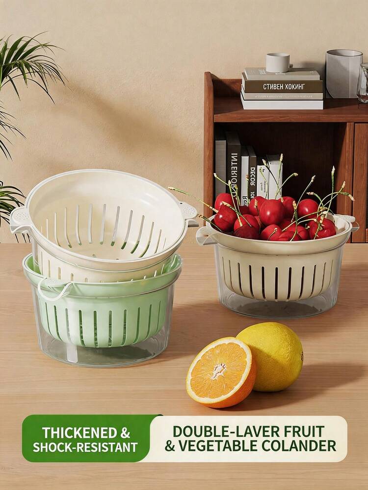 1Pc Mini Double-Layer Fruit Drain Basket, Multifunctional Kitchen Vegetable Washing Colander Basin, Space Saving Design Perfect For Singles Dormitory Apartment Use - Multicolor - View 6