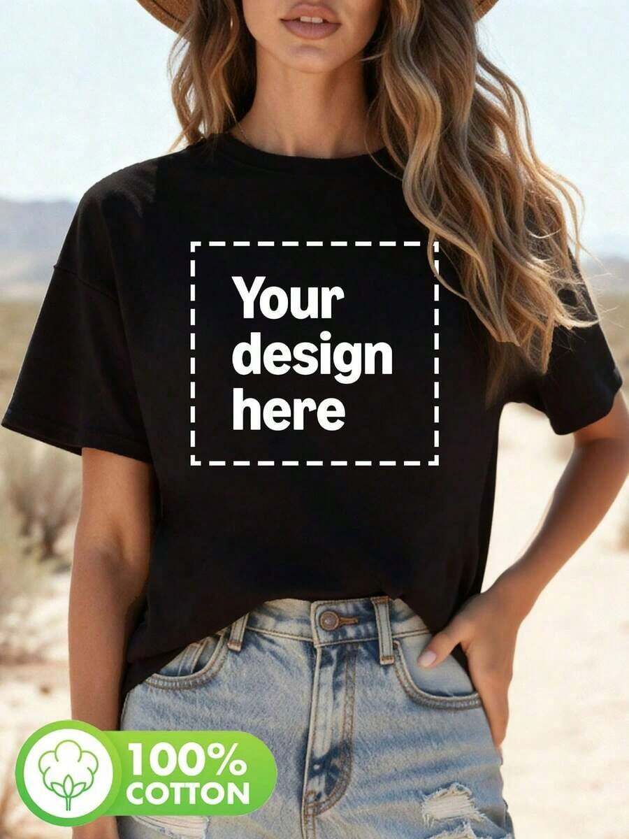short-sleeveCamiseta Personalizada para Mujer con Tu Propia Imagen - Blusa de Manga Corta con Cuello Redondo, Adecuada para Verano y Primavera, Lavable a Máquina, Top Casual para Promociones, Eventos, Regalos100% Cotton - Negro - Ver 1