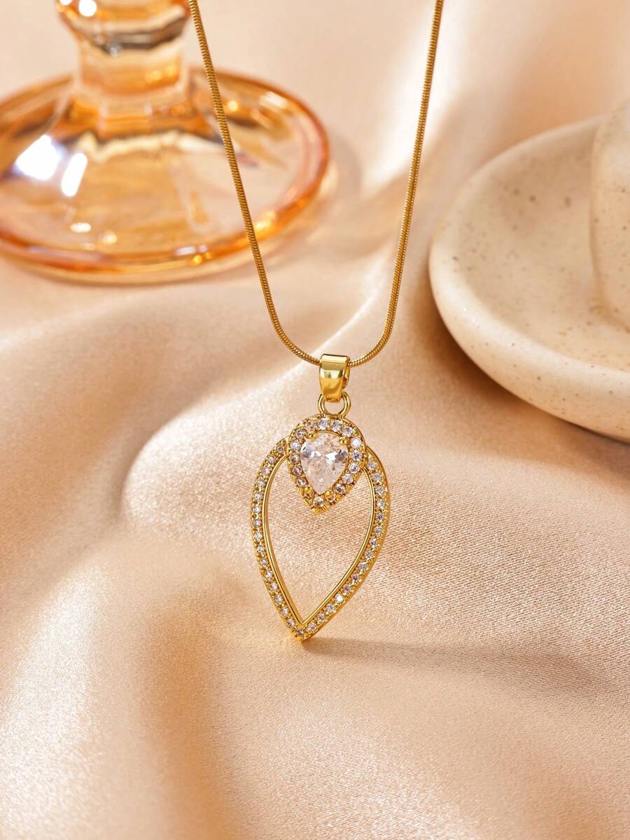 Geometric Hollow Double-Layer Teardrop Pendant Necklace, Inlaid Synthetic Zirconia, Elegant Teardrop Necklace, European And American Style, Suitable For Women's Daily Wear - 1 - View 1