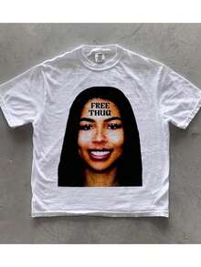 Men's And Women's Hip-Hop T-Shirt, Mariah Scientist Rapper, Classic Women's T-Shirt With Free Thugs Print, Crew Neck, Short Sleeve, Y2K Vintage Streetwear Style, YAYH Women's Oversized Cotton Graphic T-Shirt - 藍色 - 查看 1