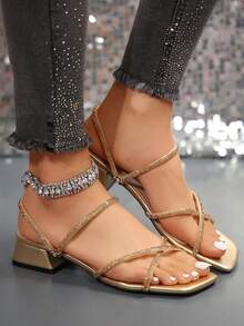 New Versatile Square Toe Chunky Heel Sandals, Fashionable French Style Crystal Embellished High Heels Suitable For Party, Gathering - Gold - View 2