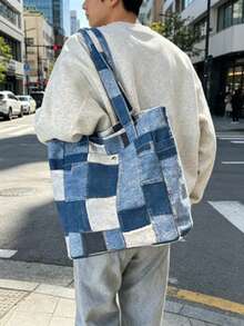 Túi tote vải bố denim in họa tiết kẻ caro, túi xách đeo vai nhiều ngăn, ba lô denim thời trang nam, thích hợp cho du lịch, tham quan ngoài trời. - Màu xanh lam - Xem 1