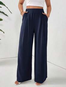 Pantalones holgados básicos casuales de cintura alta de unicolor, plisados y de pierna ancha para mujer - Azul marino - Ver 4