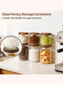 1pc (1.1L/0.5L) Glass Storage Jar With Oak Wood Lid, Airtight Sealed Glass Canister With Stackable Design, Tidy And Organized For Food And Grains Storage In Kitchen And Cabinet - Multicolor - View 4