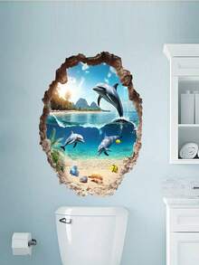 1pc Removable Dolphin & Ocean Scene Wall Sticker, Suitable For Bathroom Wall Decor - A - View 3