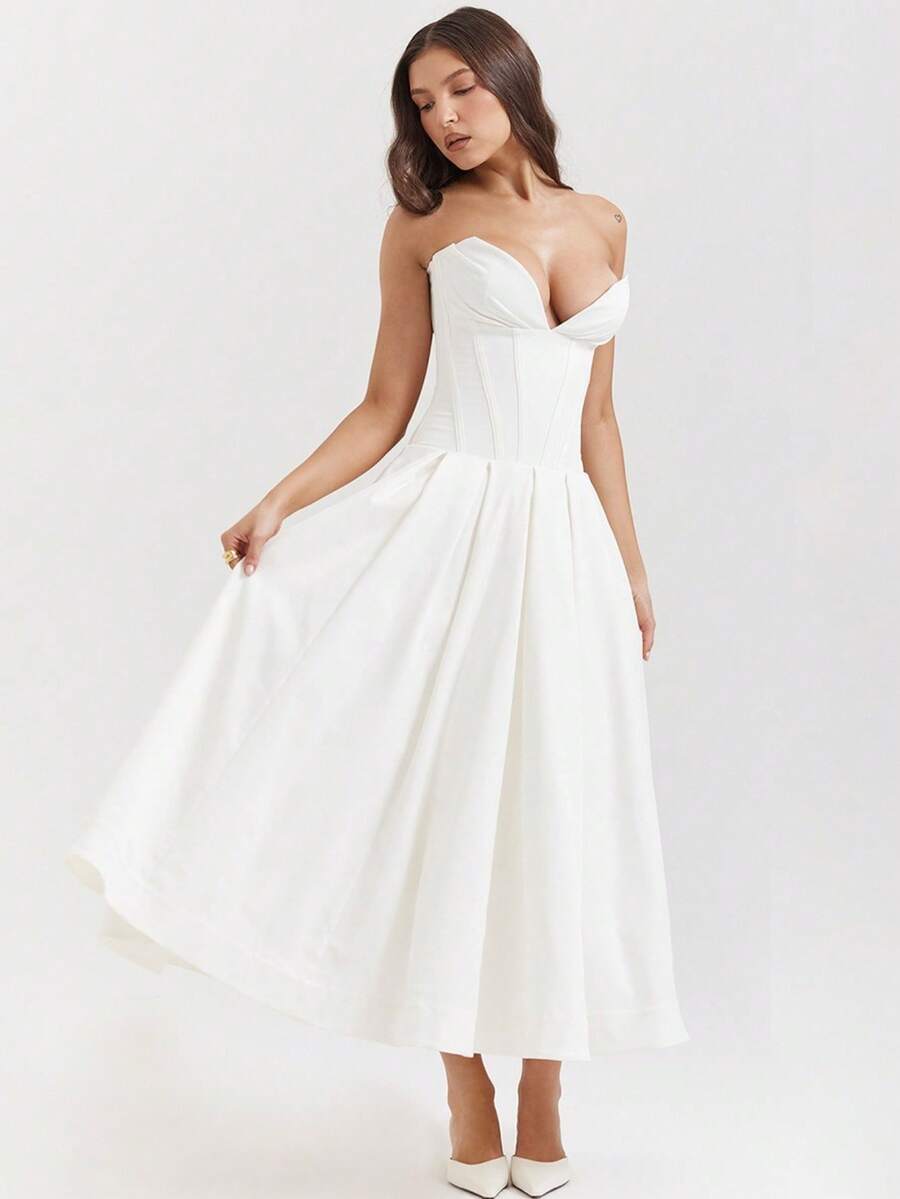 Spring Strapless Dress With Structural Corset, Open Back, A-Line Cut, Elegant, Sensual And Modern European Fashion Style For Women - أبيض - مشاهدة 1