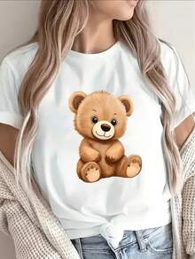 Casual Short-Sleeved Polyester T-Shirt With A Cute Bear Print. Lightweight And Durable, Perfect For Casual Wear At Home, The Office, Or Restaurants. 100% Cotton. Durable. - 白色 - 查看 6