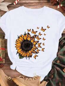 Camiseta con Estampado de Mariposas y Girasoles, Ropa Casual de Verano, Blusa Blanca de Moda para Mujer, para Primavera y Verano, Uso Diario y al Aire Libre - Blanco - Ver 3