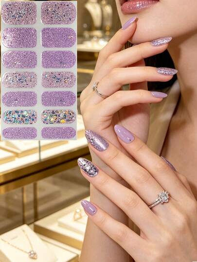 Cat Eye Stone Effect Almond Shaped Purple & Gold 3D Shiny Nail Stickers, DIY Versatile, Hot Selling Valentine's Day Gift