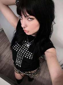 Camiseta de manga corta con letras de estilo retro punk, top de estilo gótico Y2K, top de estilo hip-hop callejero, moda de mujer de los 90 - Negro - Ver 4